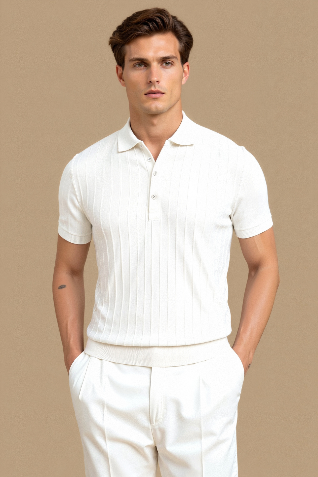 VERTICAL STRIPED BUTTON UP POLO
