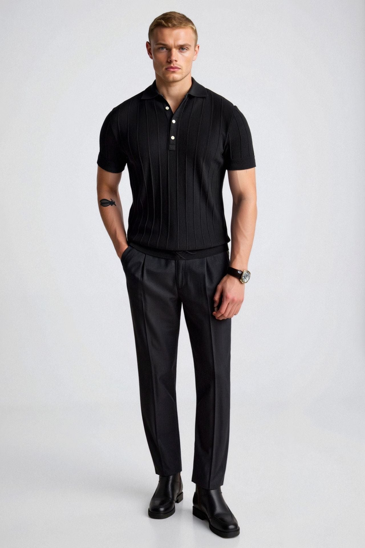 VERTICAL STRIPED BUTTON UP POLO