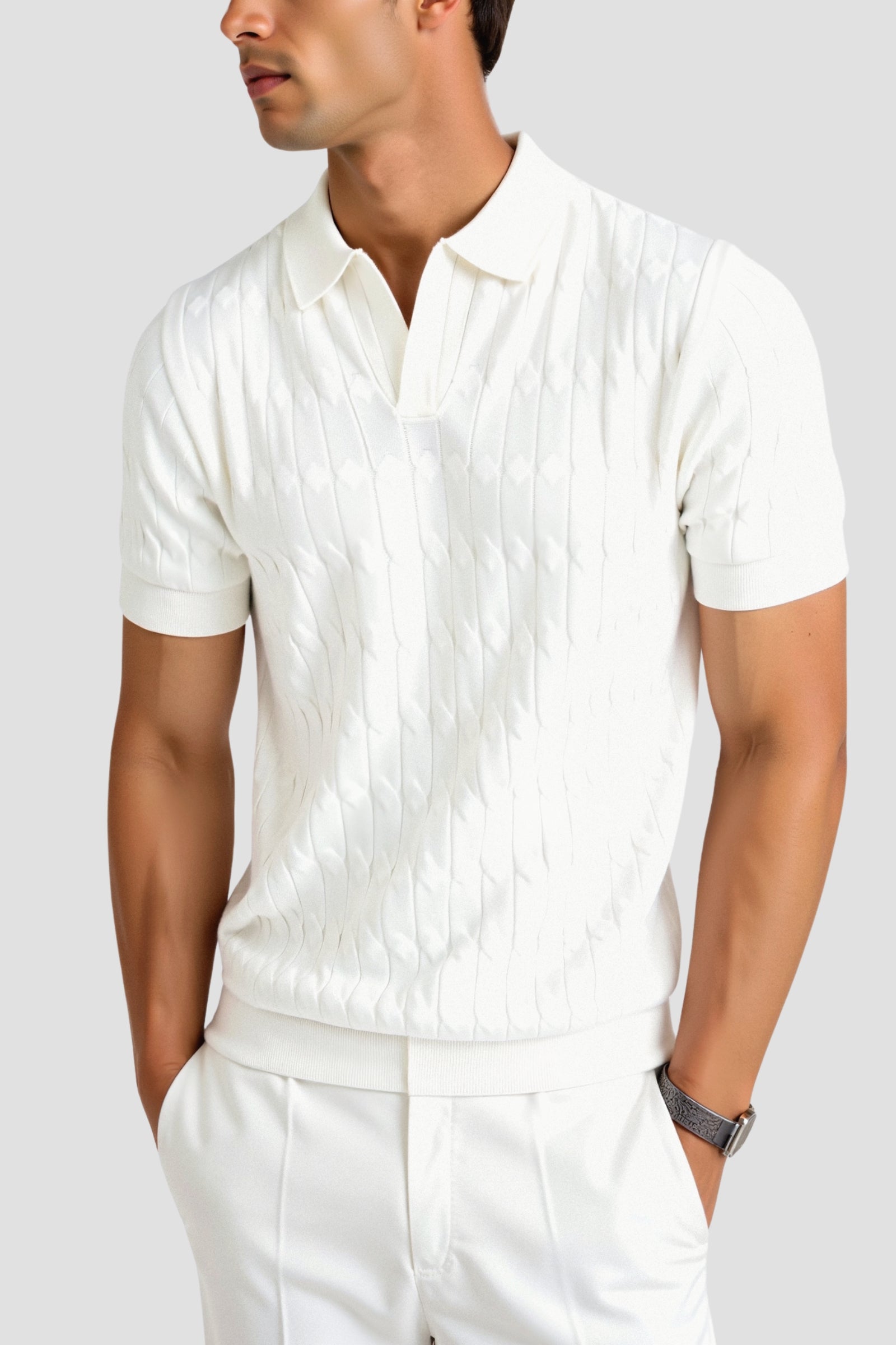 PREMIUM V-NECK CABLE KNIT POLO